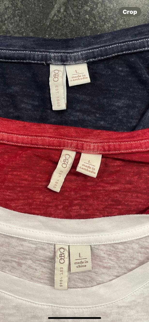 CATO set of 3 ladies tees, navy, red and white with floral peace sign. LG